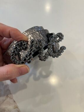 CNC Costume National crackle silver 1” wide Large sz leather belt made in Italy